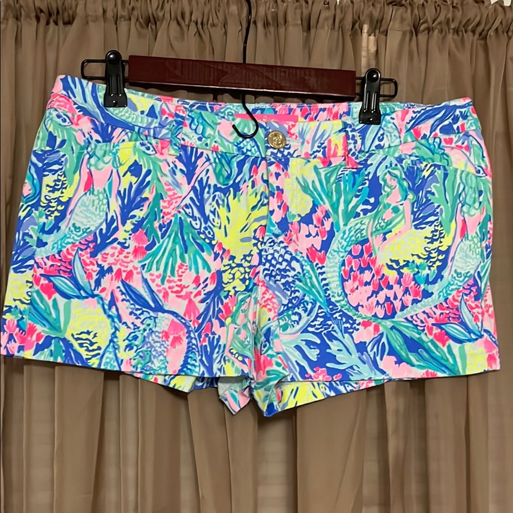 Lilly Pulitzer Pink and Blue Bermuda Shorts Vibrant Tropical Design